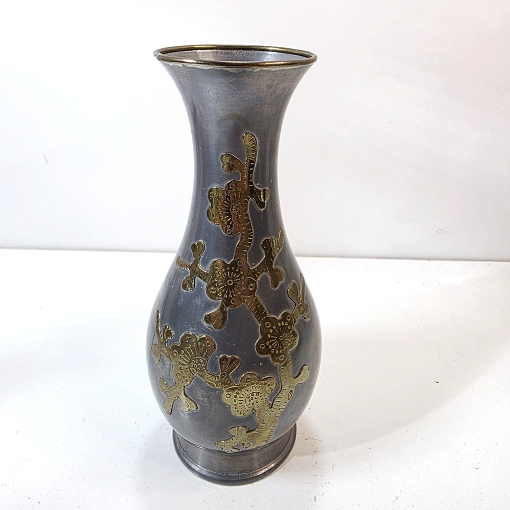Vintage Marshall Fields Hong Kong 7" Floral Pewter and Brass Mixed Metal Vase